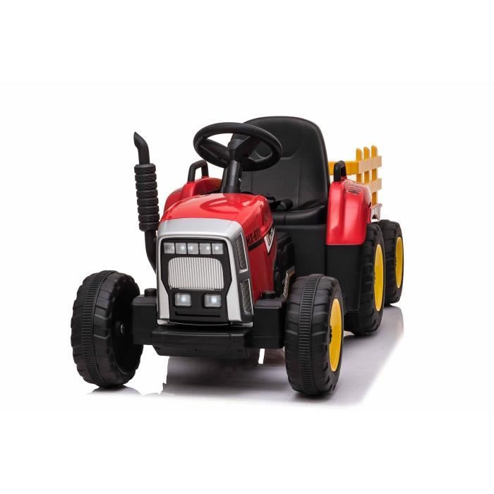 Tracteur électrique WORKERS avec remorque, rouge, traction arrière,  batterie 12V, roues Plastique, siège large, télécommande 2,4 GHz, lecteur  MP3 avec entrée USB +Bluetooth, lumières LED