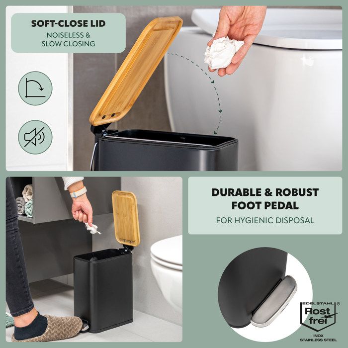Poubelle Salle De Bain 5L à Pédale - Couvercle Bambou Softclose - Design Moderne