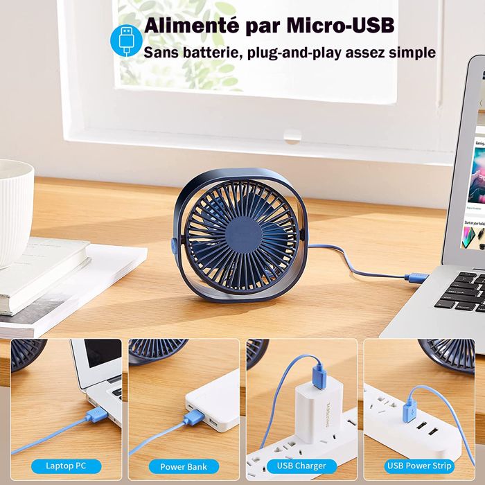 Mini Ventilateur USB Silencieux Portable 3 Vitesse Réglable pour Bureau  Sport Voyage Alimenté par USB, Bleu - Cdiscount Bricolage