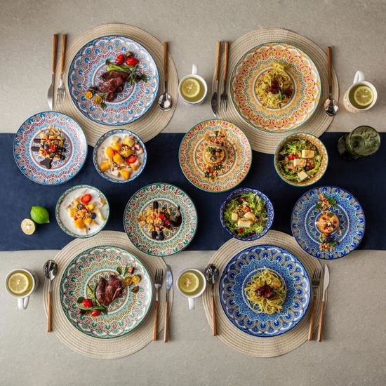 Assiette Plate Bols Style Bohémien Série Mandala vancasso Assiette à Dessert Service de Table en Porcelaine 16 pièces pour 4 Personnes