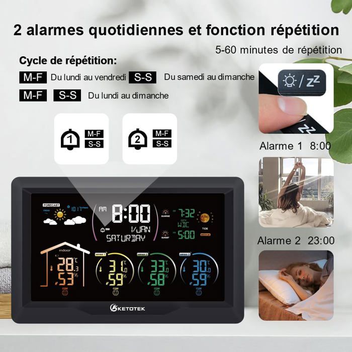 Station Météo Sans Fil Avec Capteurs Extérieurs, Thermomètre Intérieur/ Extérieur, Hygromètre, Horloge DCF77, Phase Lune, Baromètre | Leroy Merlin