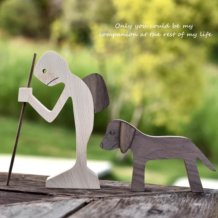 Figurine Bois Sculptée Main Homme Et Chien - Décoration étagère Bureau - 11x8.5x1.5 Cm - Cadeau émotionnel Amoureux Des Chiens