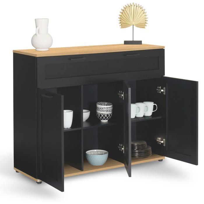 Buffet 100 Cm VITO 3 Portes 1 Tiroir Effet Bois Vieilli Dayton - Meuble Rangement Vintage Salon Ou Cuisine