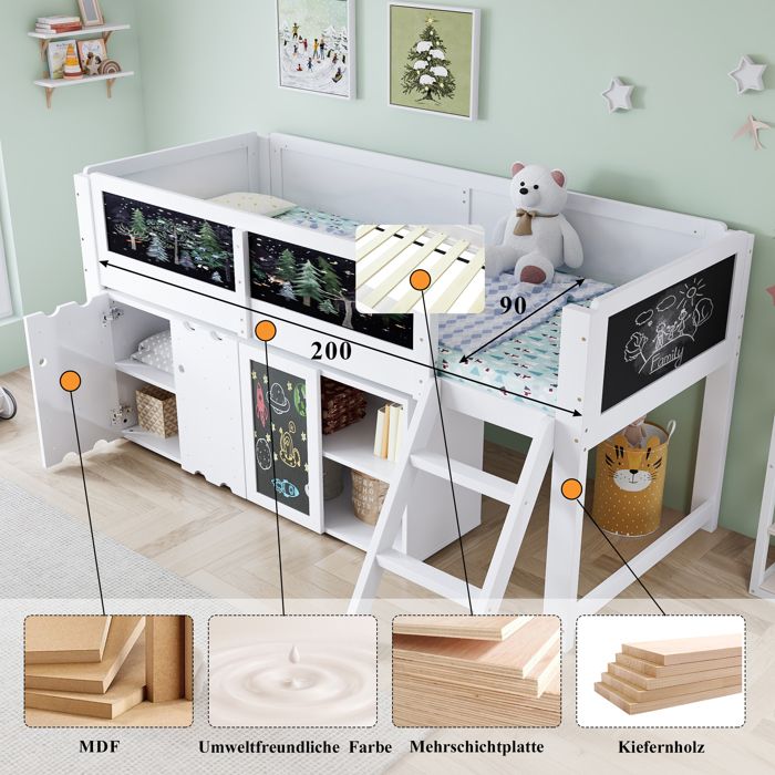 OOIILLEE Lit Mezzanine En Métal 90 X 200 Cm Avec Garde-Corps De Sécurité Pour Fenêtres, Lit Mezzanine Pour Enfant Avec échelle De Sécurité, Beaucoup D'espace Sous Le Lit, Blanc