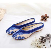 Sandales Vintage Femme Fleur Chaussures Brodées Style Chinois Porcelaine Bleu et Blanc