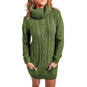 ROBE Robe Moulante en Tricot pour Femmes Avec 2 Poches à Manches Longues Coupe Ajustée Robe en Tricot Chaude à col Haut Hiver,Armée verte
