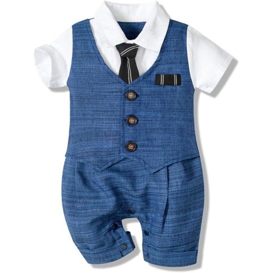 DAY8 - Ensemble Bébé Garçon Cérémonie/baptême été - Combinaison à Rayures Manches Courtes + Bonnet - Style Petit Gentleman