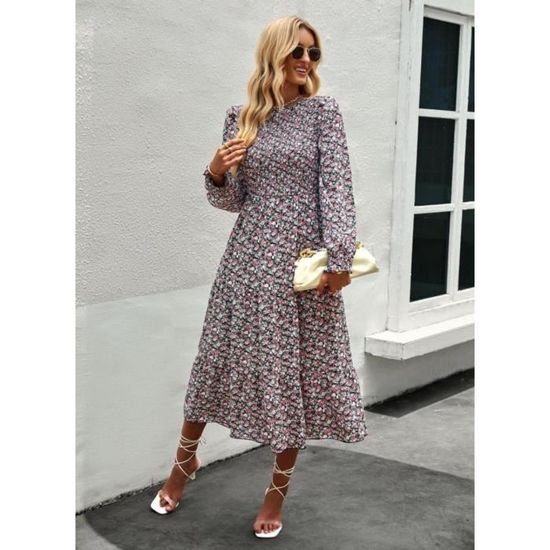 Robe Bohème Femme Manches Longues Imprimé Fleuri | Midi Tunique Plage Décontractée - ABINGOO