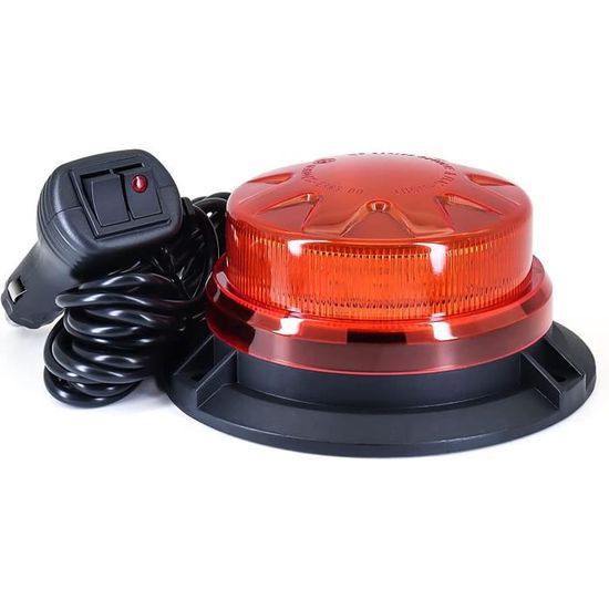 Girophare LED Magnétique 12V-24V Orange 48 Modes - Phare Avertissement Clignotant Homologué IP68