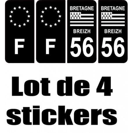 lot 4 stickers - 56 et F europe Morbihan autocollant plaque Bretagne sticker fond noir plaque immatriculation auto département -