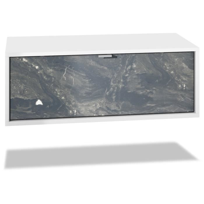 Meuble TV Lana 140 armoire murale lowboard 140 x 29 x 37 cm, caisson en blanc mat, façades en Marbre Graphite