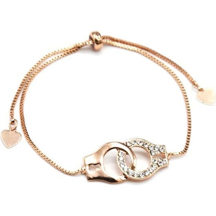 BC1863E - Bracelet Chaîne Ajustable avec Menottes Métal Contour Strass Or Rose