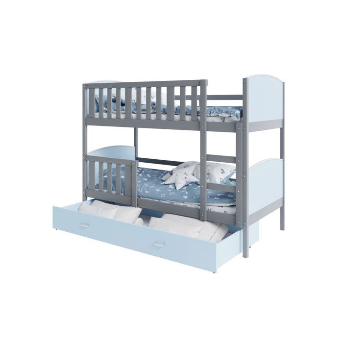 Lit superposé Tomy 90x190 GRIS BLEU Livré avec tiroir, 2 sommiers et 2 matelas en mousse de 7cm OFFERTS