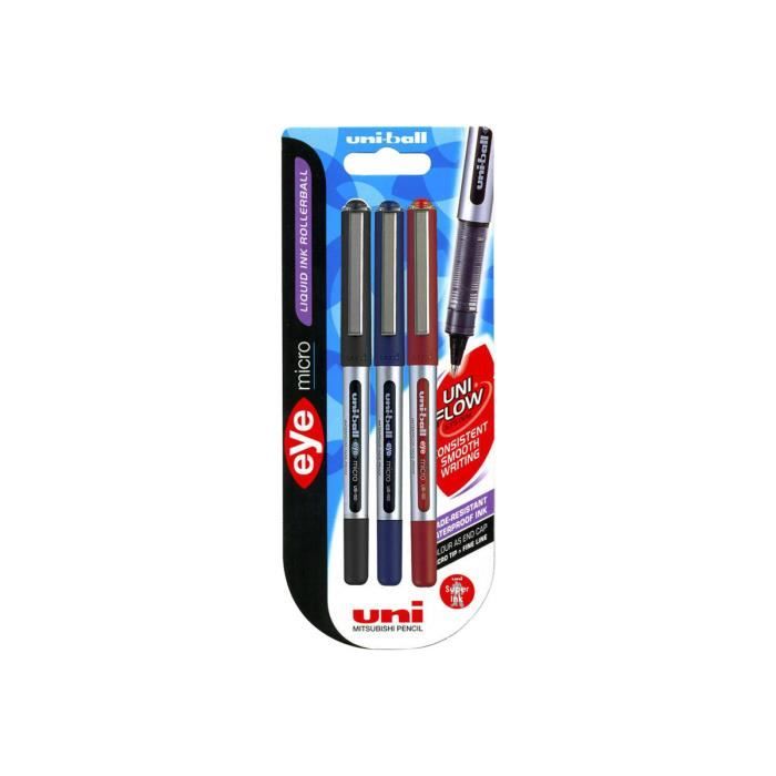 Uni-ball Eye UB-150 Roller noir, rouge, bleu 0.5 mm micro pack de 3