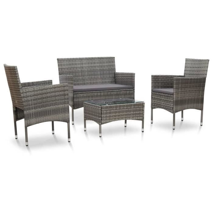 Ensemble repas de jardin 3 personnes- Table 60x40x36 cm + 3 fauteuils - plateau verre et structure résine tressée - Gris -QUT