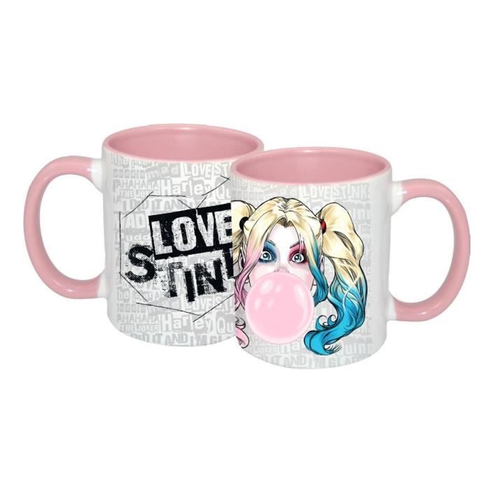 Tasse DC Comics Harley Quinn Love Stinks blanc-rose, imprimé, 100 % céramique, capacité environ 320 ml., emballage cadeau 9,6 cm x