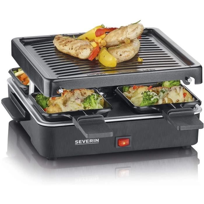 Raclette Gril 4 pers., Compacte, Plaque Anti-adhésive 21 X 21 cm, Inclus 4 Poêlons, Revêtement Anti-adhésif, Noir, RG 2370