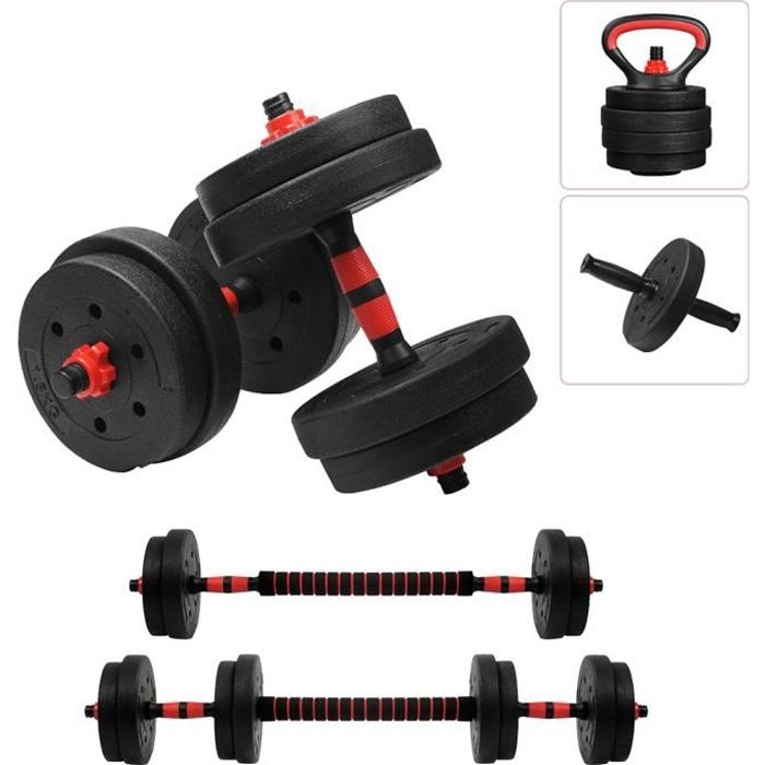 SINBIDE® Kit de Haltère Musculation avec barre - Kettlebell - Abdos roue - 4 en 1 Multifonction - 15kg poids réglable