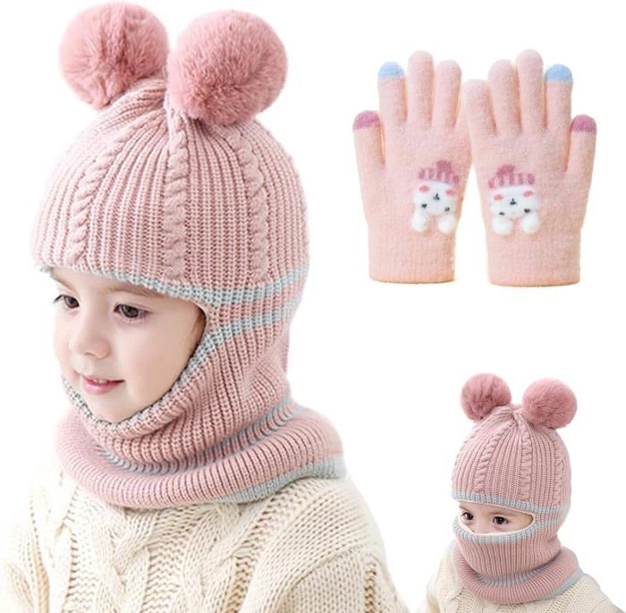TYXHXTF Cagoule Enfants Filles, 3 En 1 Bonnet Pompon Casquette De Chapeau, Chapeaux Pompon Tricoté Chapeau, Cagoule Hiver Chaud Capuchon Fille, 3 à 8 Ans (Rose