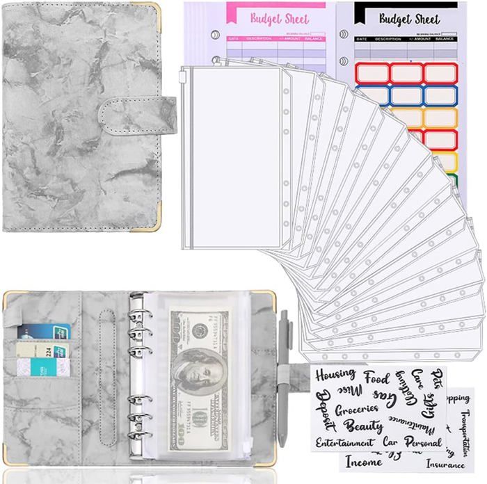 Classeur Budget Français A6 Aocii - Set Complet Avec Enveloppes, Feuilles Et Autocollants - Organisateur Finances Personnelles - Motif Orange Corail