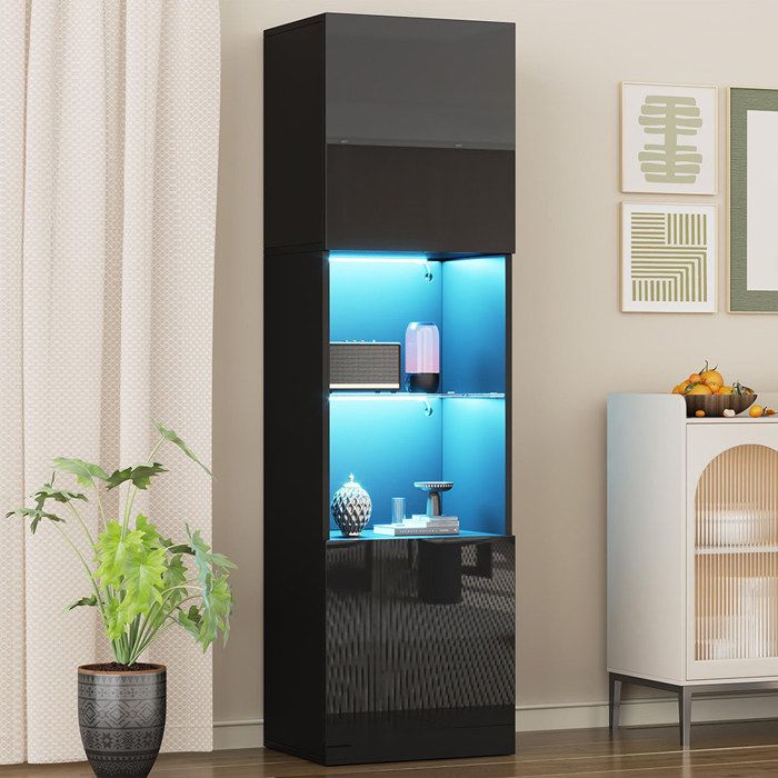 Vitrine LED Noir brillante verre vitrine sur pied armoire haute armoire de rangement