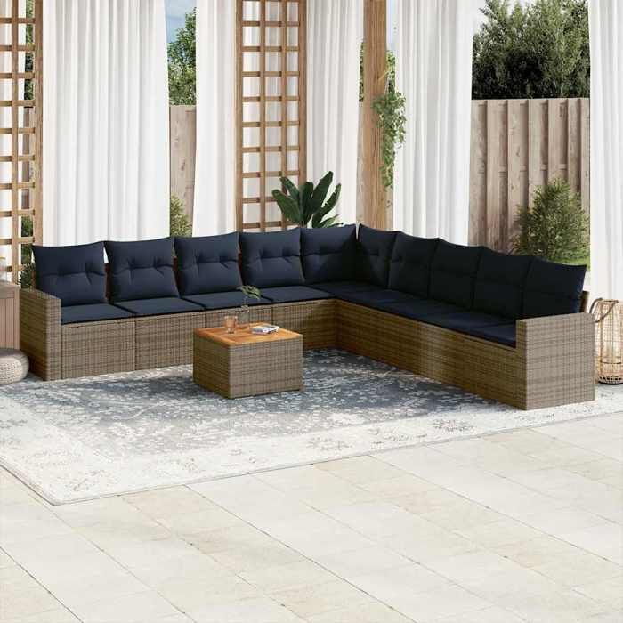 vidaXL Salon de jardin 10 pcs avec coussins gris résine tressée 3256502
