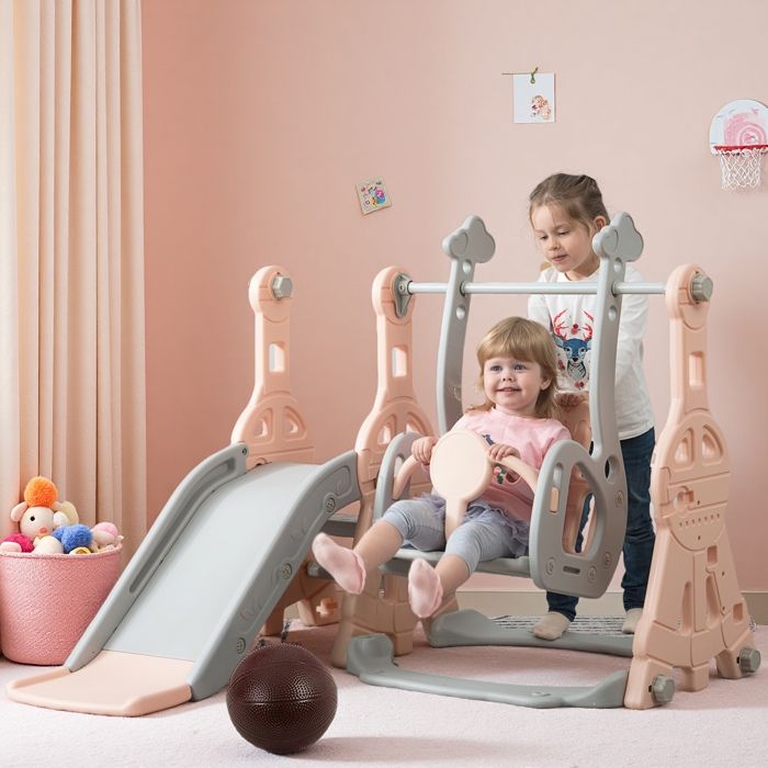 Aire de Jeux - 4-en-1 - Toboggan et Balançoire pour Enfants avec Panier de Basket - Thème Lapin