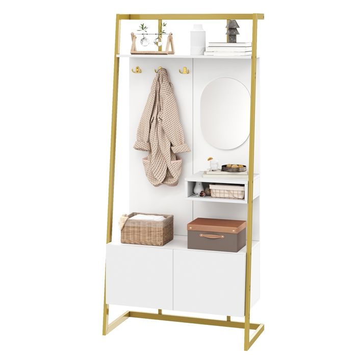 Vestiaire dEntrée Moderne 78x38.5x180.5 cm avec Meuble a chaussures et Miroir Armoire Ouverte avec Porte-Manteau Métallique Blanc