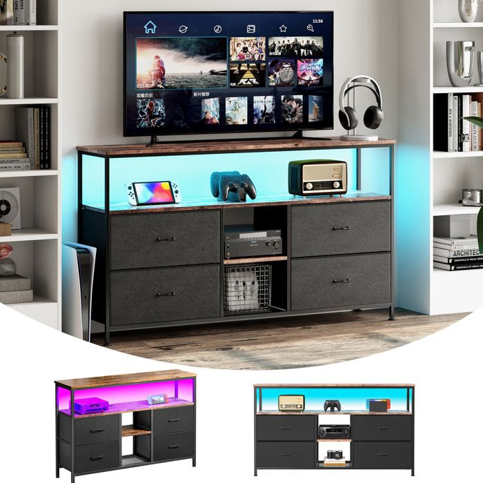 Meuble TV avec éclairage LED et 4 Tiroirs Support TV Meuble Multimédia Console TV Meuble TV pour Salon Noir 137x 29.8x78cm