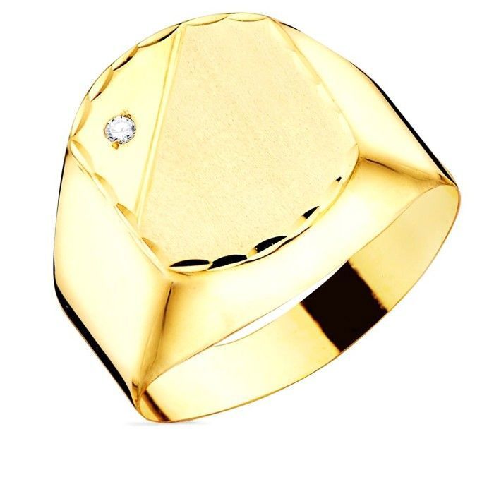 Chevalière en or 9 carats avec tête en zircon cubique creuse dimensions 13 x 11 mm. Bord ciselé.