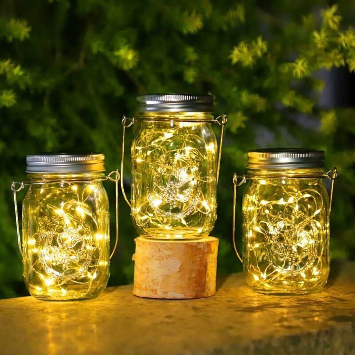 Lanternes Solaires Extérieur Lot 3 30LED IP65 Étanche Style Mason Jar Suspendu Jardin et Terrasse