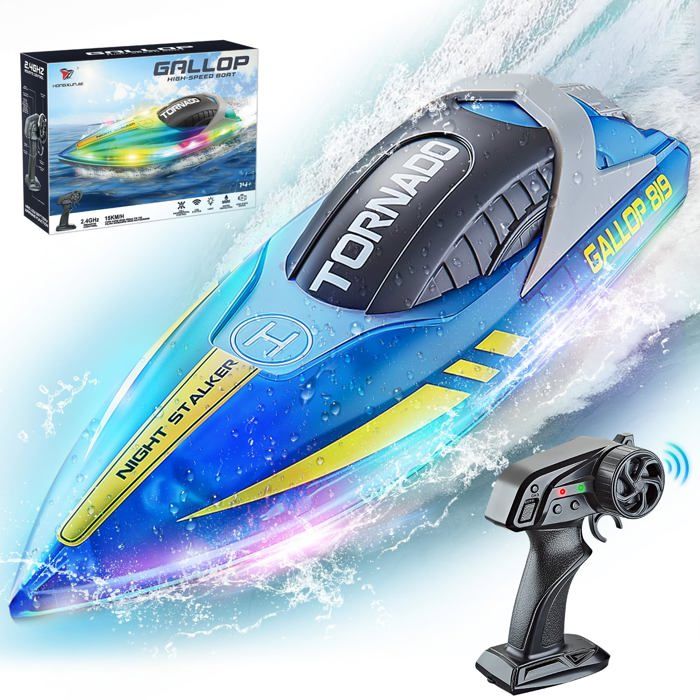 Bateau Télécommandé 24 GHz RC Bateau avec LED Bateaux de Course RC Haute Vitesse Bateaux de Course RC Haute Vitesse pour Piscine