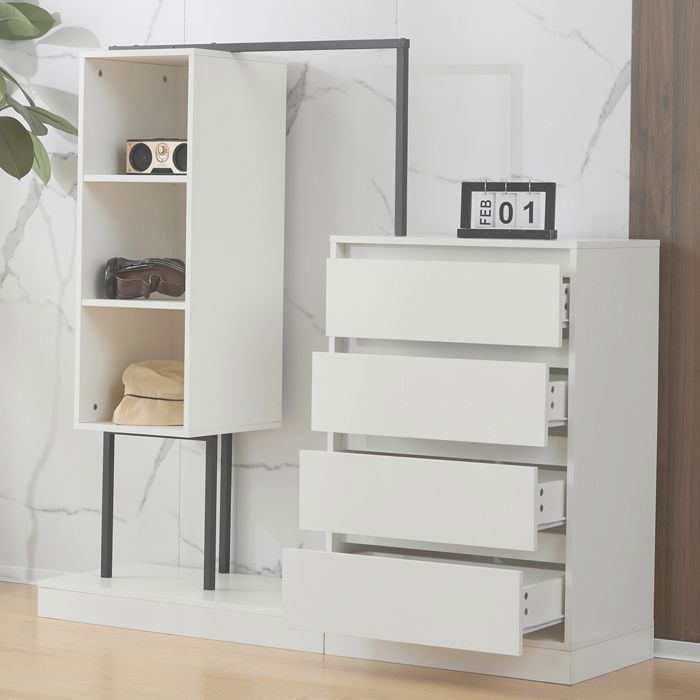 Modenuit Commode 4 tiroirs 100x40x135 cm armoire de chambre penderie minimaliste en panneaux de particules et métal blanc