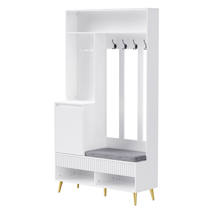 Meuble dentrée - Armoire Vestibule avec Banc à Chaussures Tiroirs et Crochets Vestiaire MDF - 100x35x180 cm Blanc