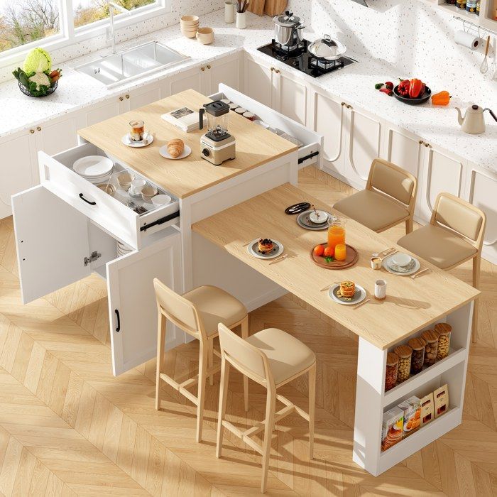 Table Haute Extensible CuisineAvec 2 tiroirs & 2 PortesTable à manger 2-6 PersonnesÎlot cuisine 133-202×70×93.5cmBlanc
