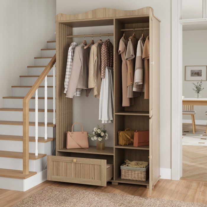 Vestiaire dentrée avec miroir 115 5x38 5x194 5 cm avec penderie 2 portes et rangement bas MDF chêne