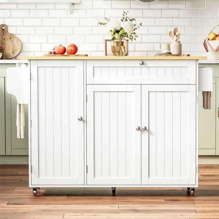 Îlot de Cuisine Mobile - Table de Bar de Cuisine avec Tiroir & Placard de Rangement et 3 Étagères de Porte - Blanc