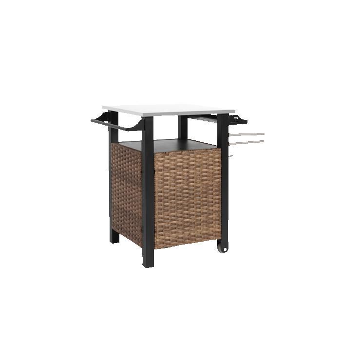 Desserte de cuisine extérieure roulante – osier marron plateau inox extensible 76 x 57 x 85 cm