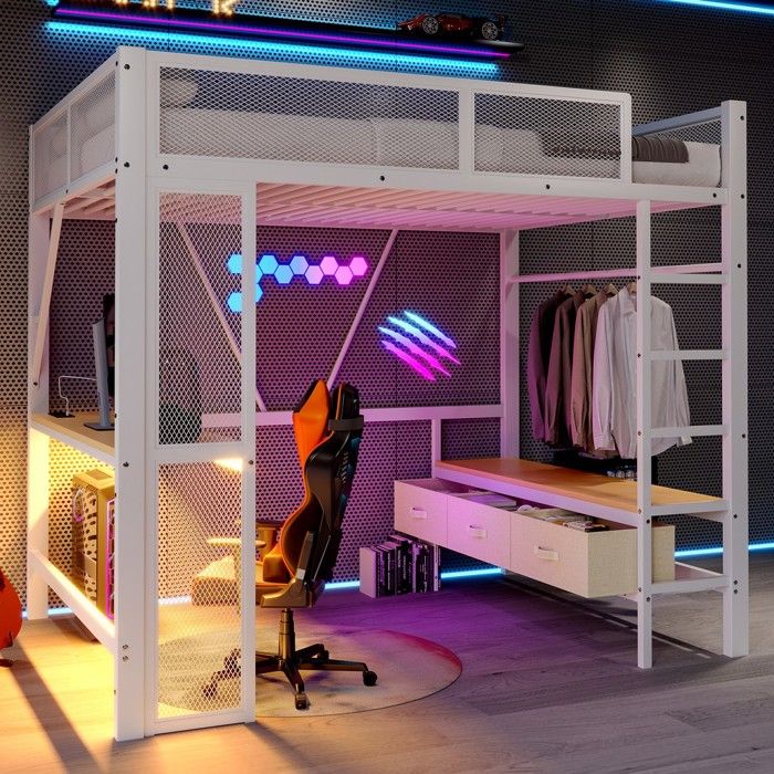 Lit superposé - PAGE Living - 140x200 cm - Bureau intégré - 3 tiroirs LED 16 couleurs