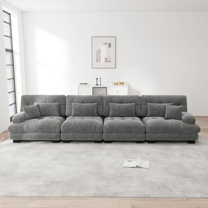 Canapé dangle modulaire - 4 places - Siège profond - Canapé-lit - Chenille gris - Dimensions: 406x77x81 cm
