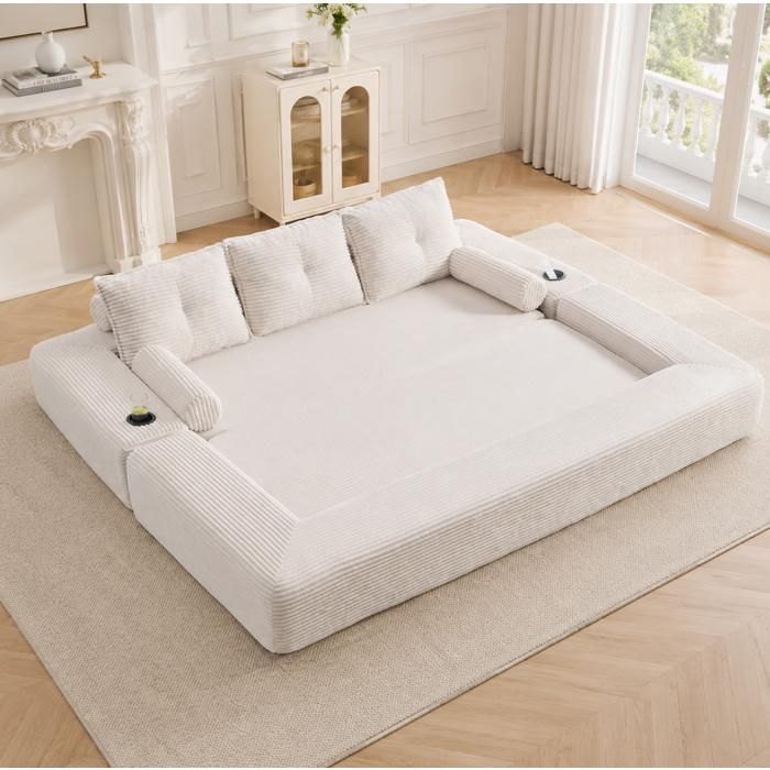 Canapé convertible 3 places en velours côtelé beige avec mousse densité 30 mémoire de forme et porte-gobelets