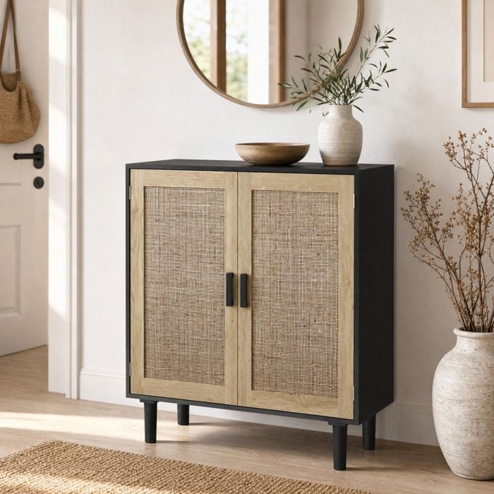 Buffet bas 2 portes en rotin avec rangement ouvert - MEUNIQ - pour salon salle à manger et entrée MDF noir 80×40×88 cm