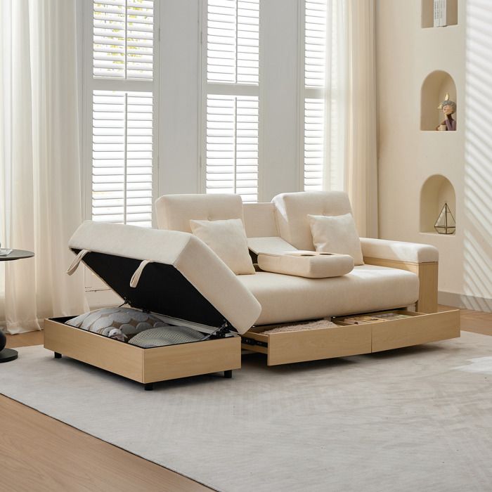 Canapé dangle convertible AESVAR 217 cm en chenille beige avec rangement 2 tiroirs et dossier réglable 3 positions