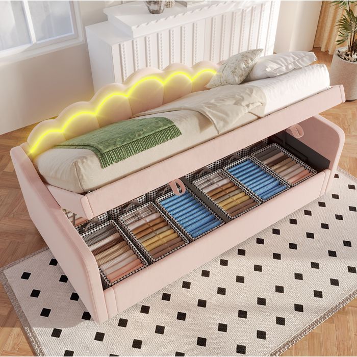Lit escamotable simple 90×200 cm avec coffre de rangement bande LED et télécommande - LPOSPI - sans matelas velours rose
