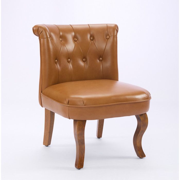 Fauteuil 1 place en cuir véritable - marron clair - dossier capitonné - pieds en hévéa massif