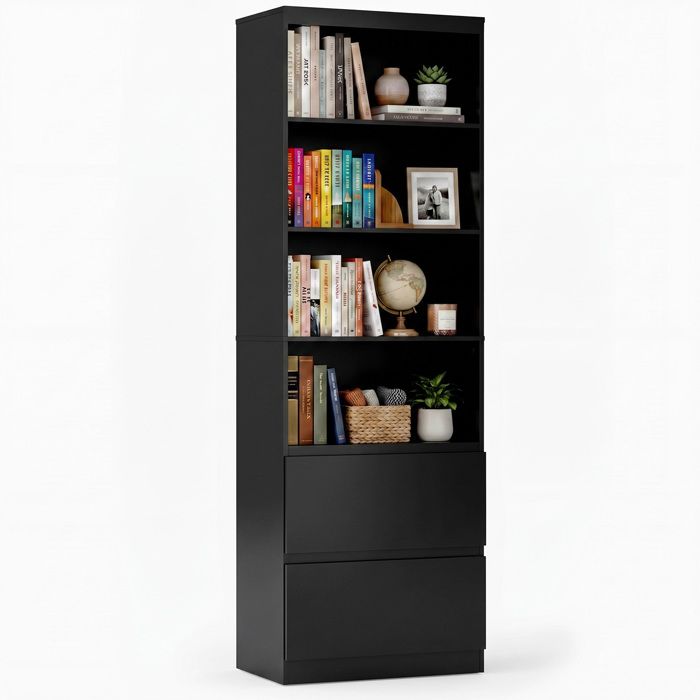 Bibliothèque - Bealife - 2 Tiroirs - 4 Étagères Ouvertes - Meuble de Rangement Hauteur 180 cm - Anti-Basculement - Salon - Noir