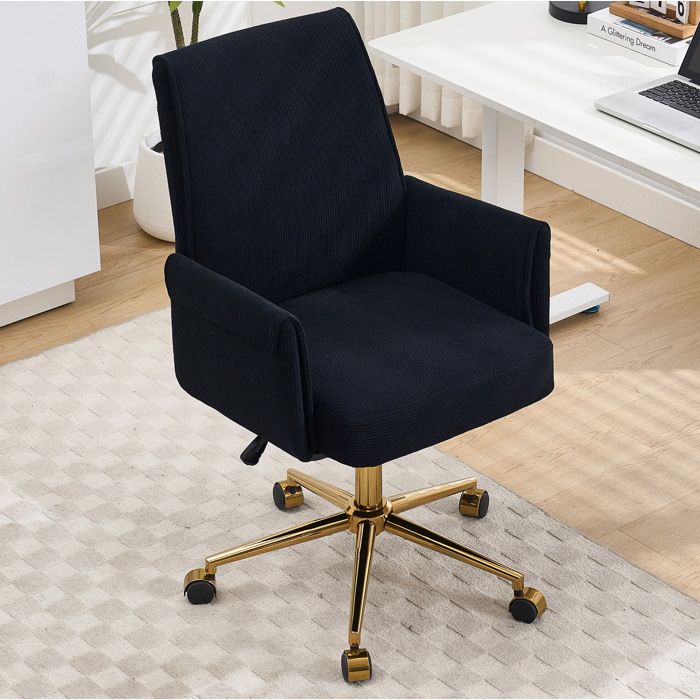 Chaise de bureau pivotante AESVAR hauteur réglable dossier mi-haut ergonomique velours côtelé noir base dorée