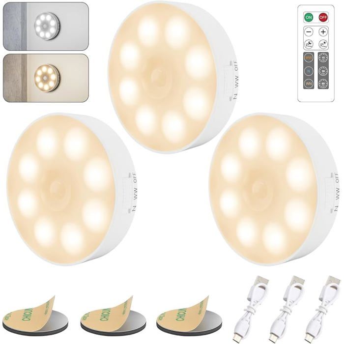 3 Pièce Dimmable Lampe Detecteur Mouvement [avec Télécommande] Veilleuse LED Automatique Rechargeable 3 Tempé ECLAIRAGE DE MEUBLE