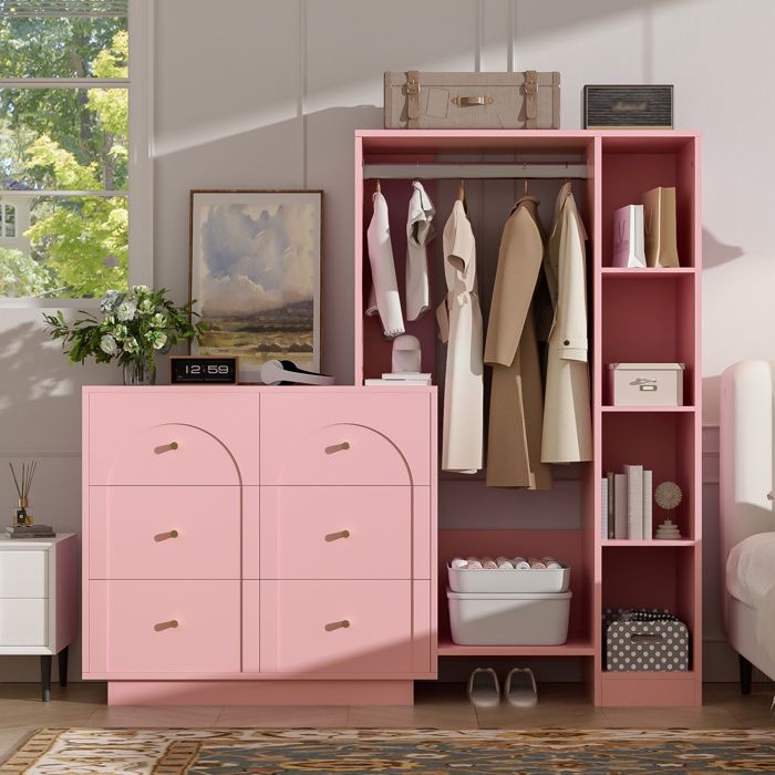 Armoire Modulaire Ouverte avec 6 Tiroirs Penderie et 4 Étagères Latérales - HAVRYA - Chambre Rose 139×35×133 cm