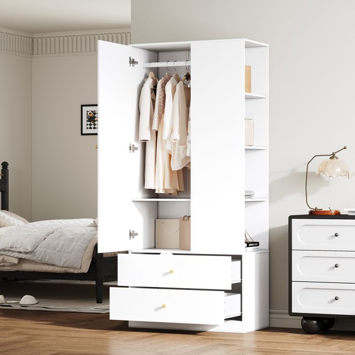 Armoire de Chambre avec Penderie Miroir 1 Porte 2 Tiroirs 4 Étagères et Tringle 80 × 40 × 180 cm Blanc